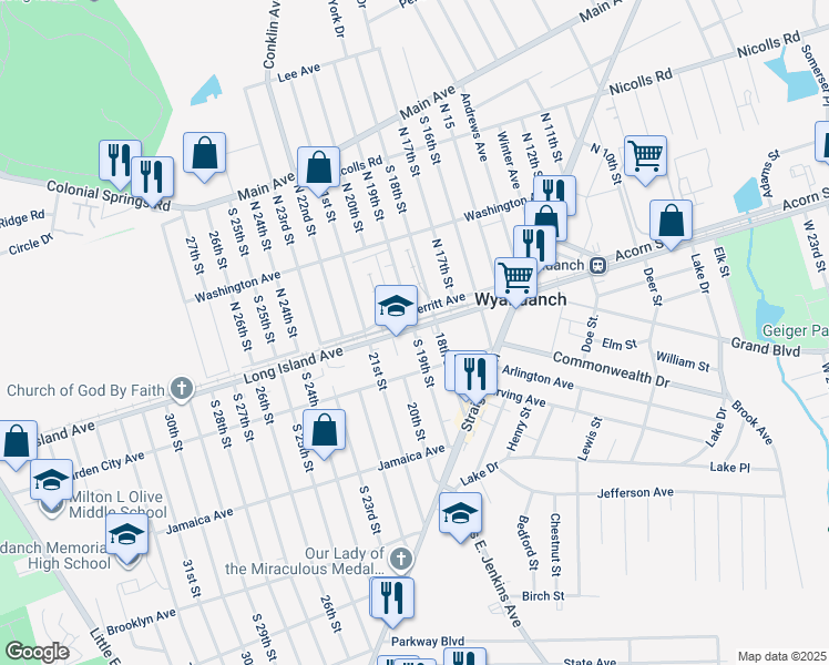 map of restaurants, bars, coffee shops, grocery stores, and more near 267 Merritt Avenue in Wheatley Heights