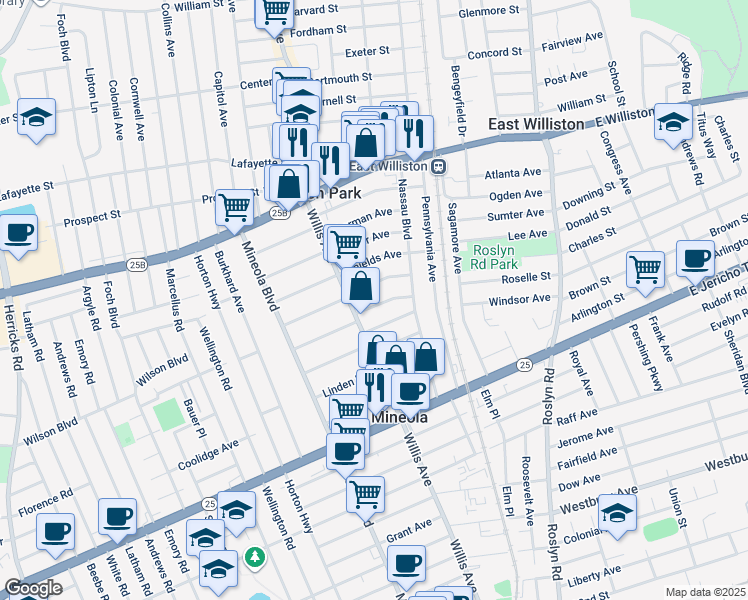 map of restaurants, bars, coffee shops, grocery stores, and more near 124 Mc Clellan Avenue in Mineola