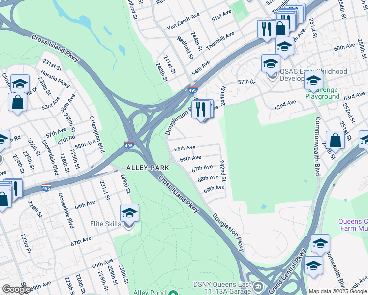 map of restaurants, bars, coffee shops, grocery stores, and more near 6363 Douglaston Parkway in Queens