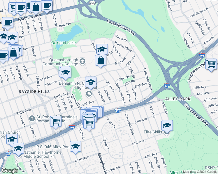 map of restaurants, bars, coffee shops, grocery stores, and more near 5639 226th Street in Queens