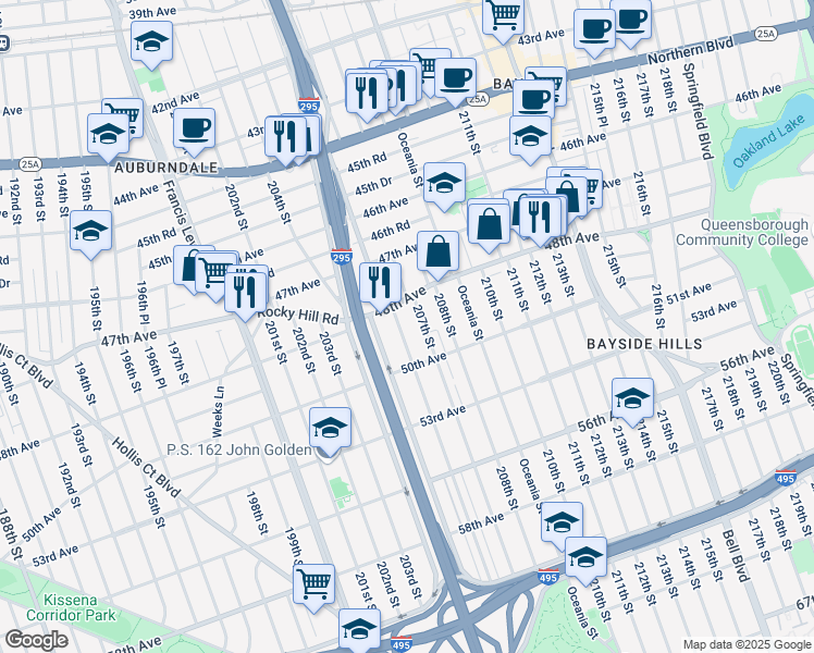 map of restaurants, bars, coffee shops, grocery stores, and more near 4804 206th Street in Queens