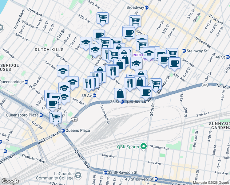 map of restaurants, bars, coffee shops, grocery stores, and more near 37-24 33rd Street in Queens