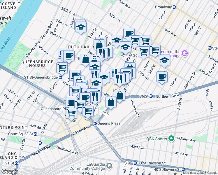 map of restaurants, bars, coffee shops, grocery stores, and more near 39-08 29th Street in Queens