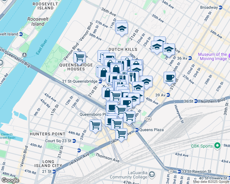 map of restaurants, bars, coffee shops, grocery stores, and more near 40-22 24th Street in Queens