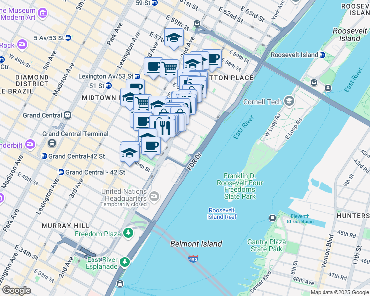 map of restaurants, bars, coffee shops, grocery stores, and more near 427 East 50th Street in New York