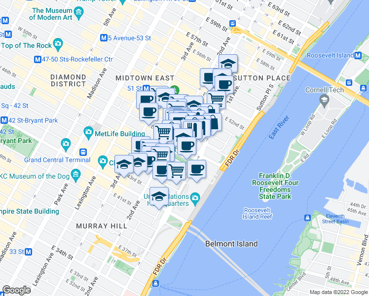 map of restaurants, bars, coffee shops, grocery stores, and more near 320 East 49th Street in New York