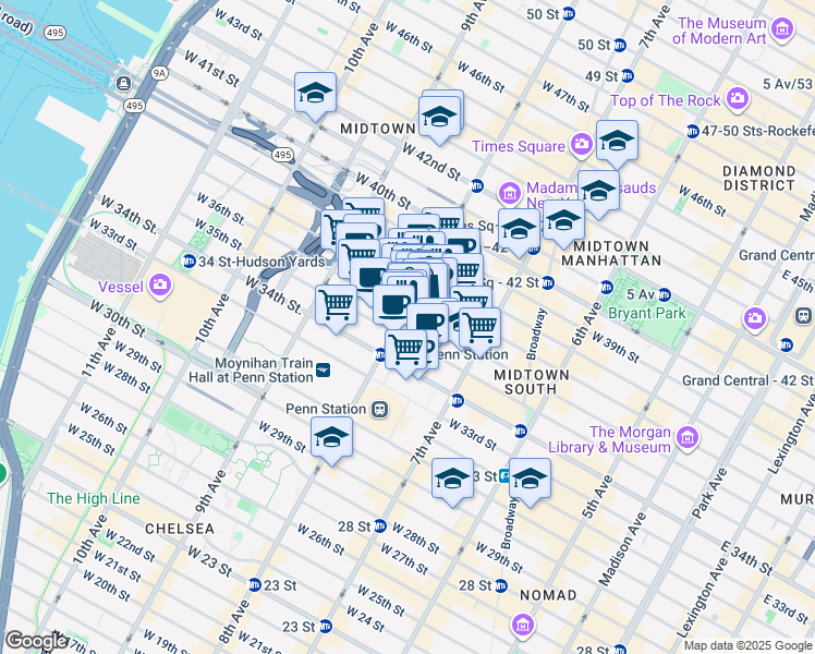 map of restaurants, bars, coffee shops, grocery stores, and more near 520 8th Avenue in New York