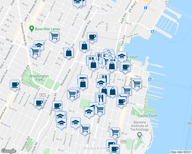 map of restaurants, bars, coffee shops, grocery stores, and more near 1300 Grand Street in Hoboken