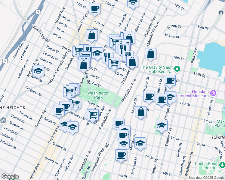 map of restaurants, bars, coffee shops, grocery stores, and more near 305 New York Avenue in Union City