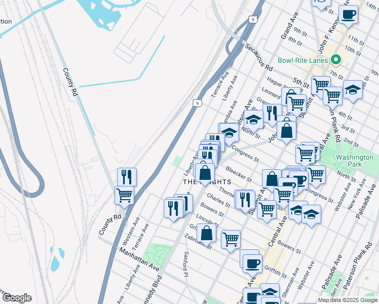 map of restaurants, bars, coffee shops, grocery stores, and more near 212 Terrace Avenue in Jersey City