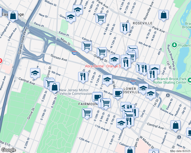 map of restaurants, bars, coffee shops, grocery stores, and more near 49 South 13th Street in Newark