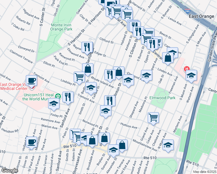 map of restaurants, bars, coffee shops, grocery stores, and more near 402 Halsted Street in East Orange