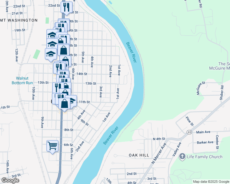map of restaurants, bars, coffee shops, grocery stores, and more near 117 13th Street in Beaver Falls