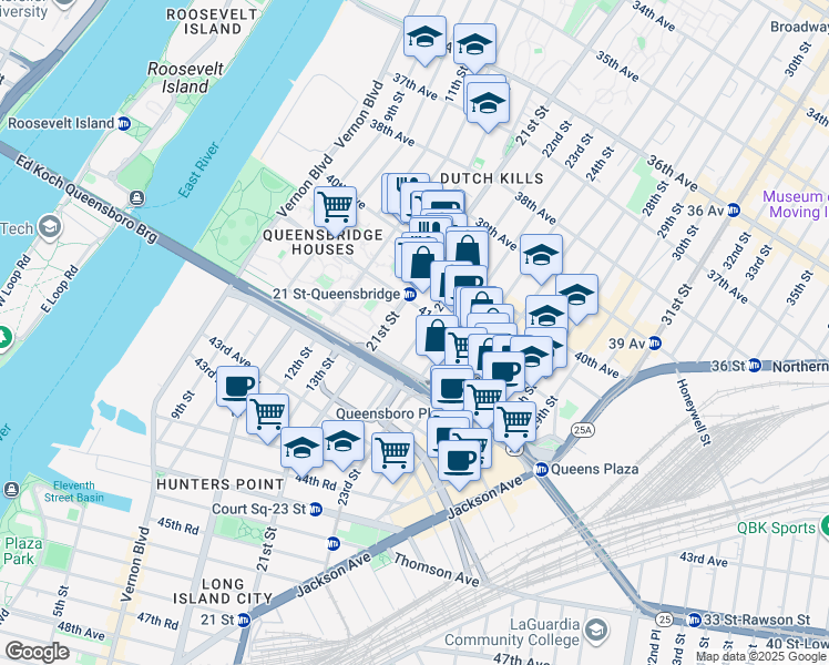 map of restaurants, bars, coffee shops, grocery stores, and more near in Queens