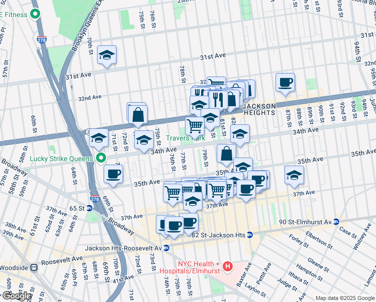 map of restaurants, bars, coffee shops, grocery stores, and more near 78-1 34th Avenue in Queens