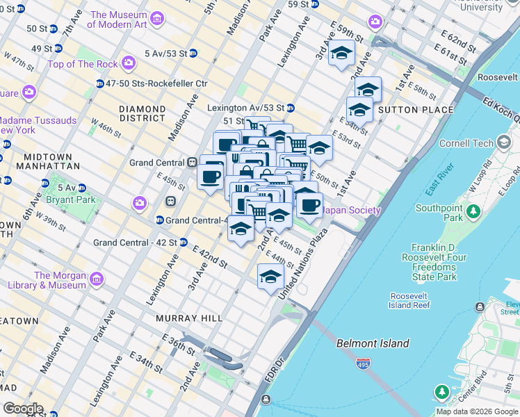 map of restaurants, bars, coffee shops, grocery stores, and more near 225 East 46th Street in New York