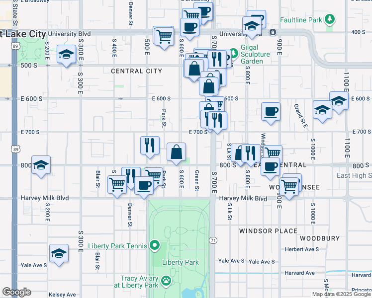 map of restaurants, bars, coffee shops, grocery stores, and more near 745 South 600 East in Salt Lake City
