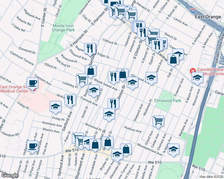 map of restaurants, bars, coffee shops, grocery stores, and more near 402 Halsted Street in East Orange