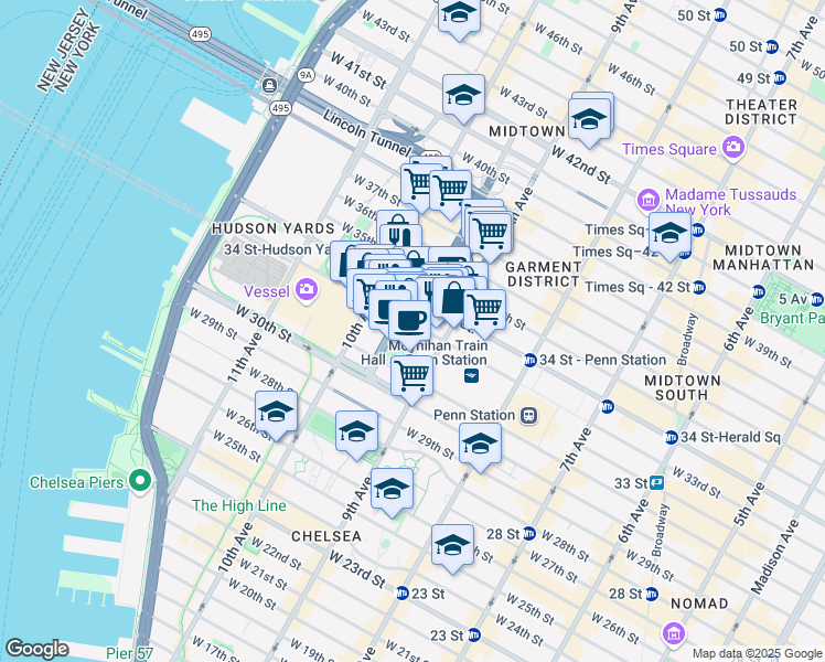 map of restaurants, bars, coffee shops, grocery stores, and more near 424 West 33rd Street in New York