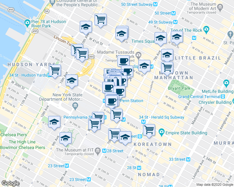 map of restaurants, bars, coffee shops, grocery stores, and more near 520 8th Avenue in New York