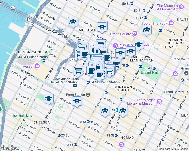 map of restaurants, bars, coffee shops, grocery stores, and more near 520 8th Avenue in New York