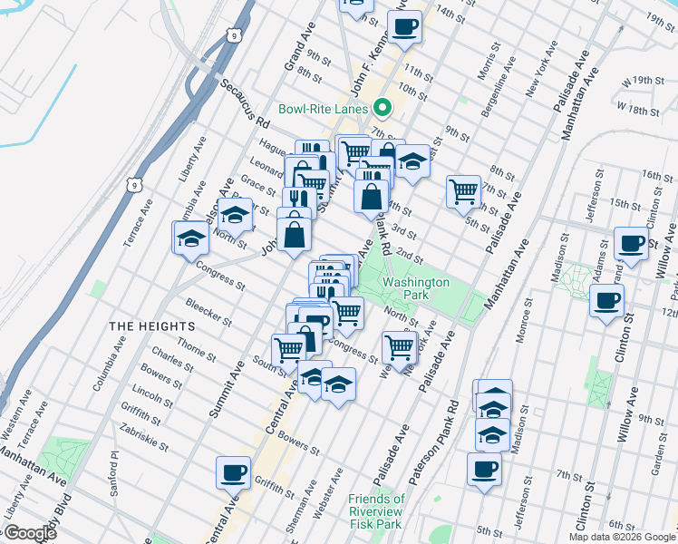 map of restaurants, bars, coffee shops, grocery stores, and more near 551 Central Avenue in Jersey City