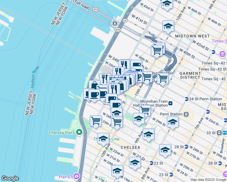 map of restaurants, bars, coffee shops, grocery stores, and more near 312 11th Avenue in New York