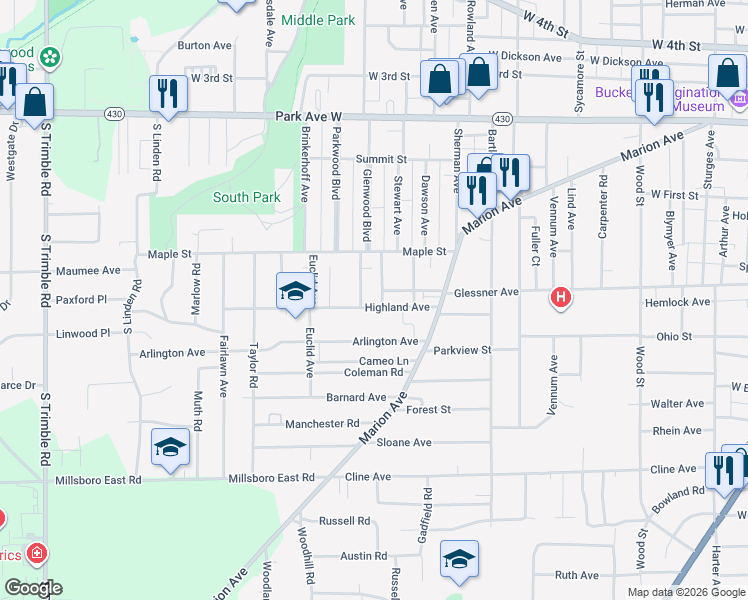 map of restaurants, bars, coffee shops, grocery stores, and more near 196 Westwood Avenue in Mansfield