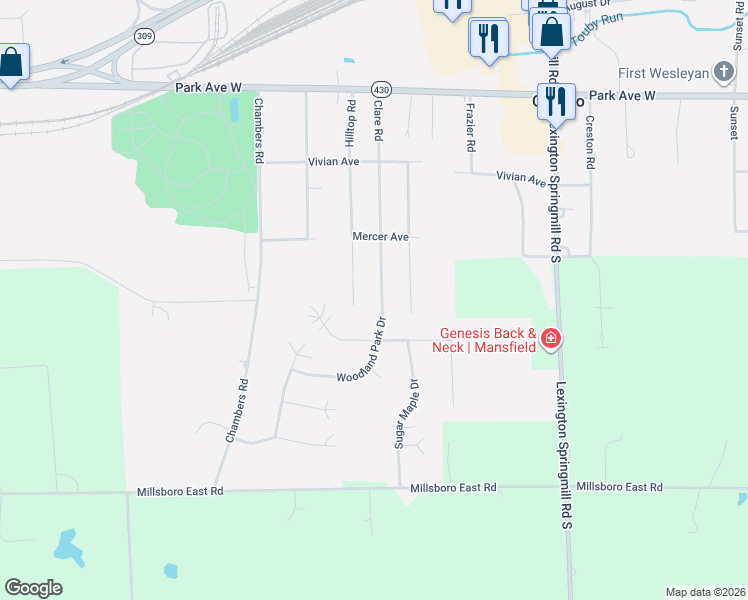 map of restaurants, bars, coffee shops, grocery stores, and more near 223 Woodland Park Drive in Ontario