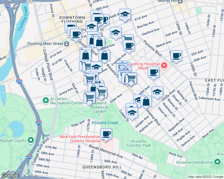 map of restaurants, bars, coffee shops, grocery stores, and more near 43-23 Colden Street in Queens