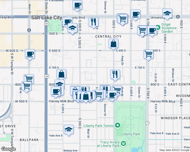 map of restaurants, bars, coffee shops, grocery stores, and more near 742 South 400 East in Salt Lake City
