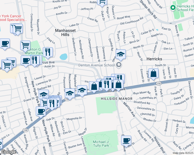 map of restaurants, bars, coffee shops, grocery stores, and more near 51 Aster Drive in New Hyde Park