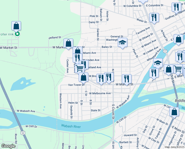 map of restaurants, bars, coffee shops, grocery stores, and more near 829 Wheatland Avenue in Logansport