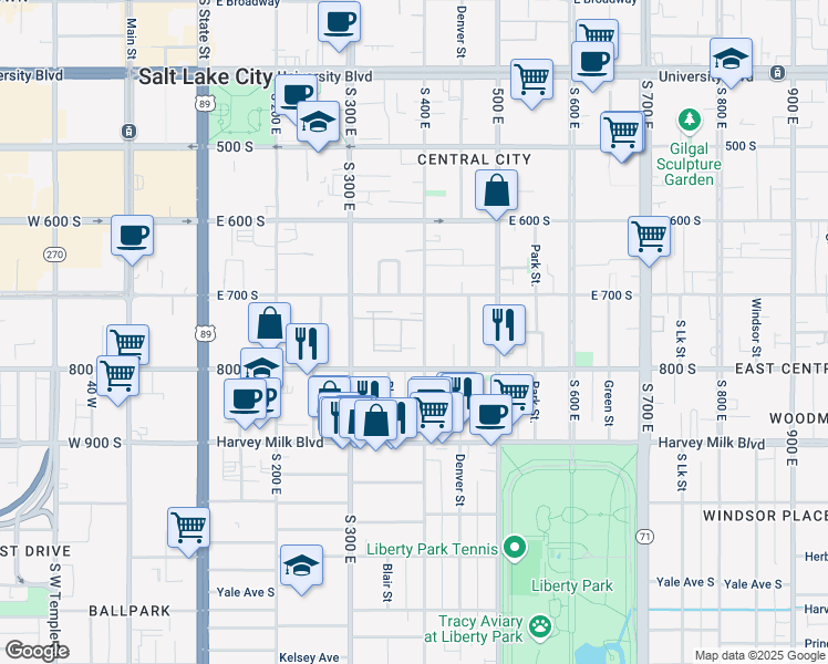 map of restaurants, bars, coffee shops, grocery stores, and more near 742 South 400 East in Salt Lake City