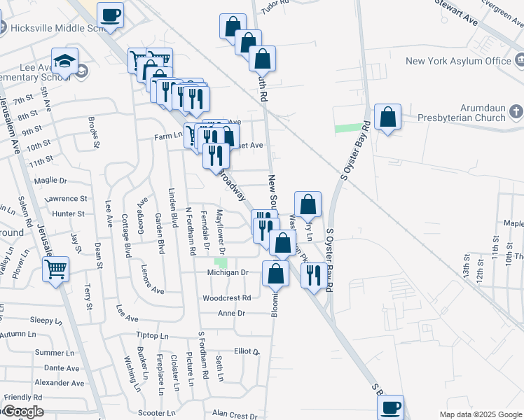map of restaurants, bars, coffee shops, grocery stores, and more near 595 South Broadway in Hicksville