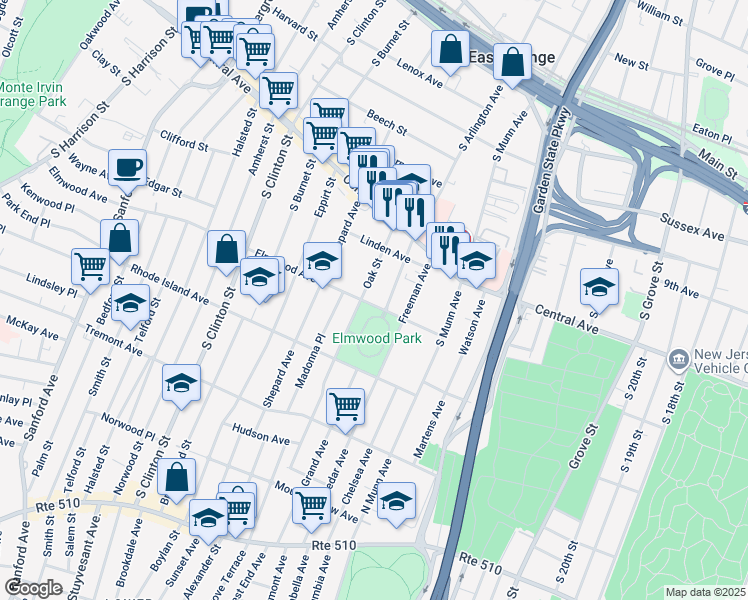 map of restaurants, bars, coffee shops, grocery stores, and more near 64 Oak Street in East Orange