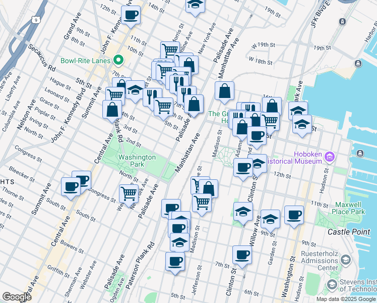 map of restaurants, bars, coffee shops, grocery stores, and more near 300 Manhattan Ave in Union City