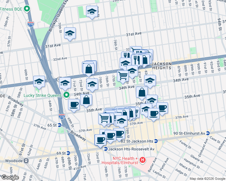 map of restaurants, bars, coffee shops, grocery stores, and more near 76-9 34th Avenue in Queens