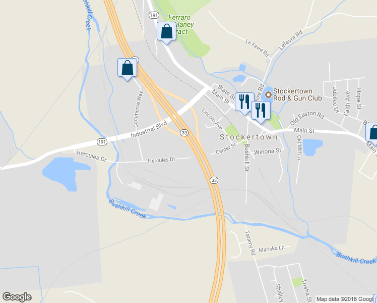map of restaurants, bars, coffee shops, grocery stores, and more near 402 Hercules Drive in Easton