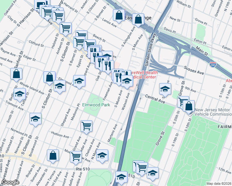 map of restaurants, bars, coffee shops, grocery stores, and more near 111 South Munn Avenue in East Orange
