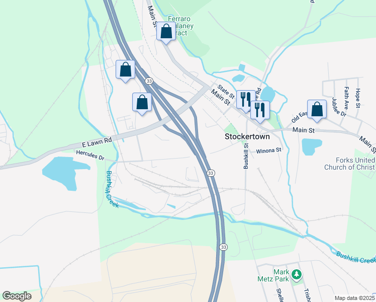 map of restaurants, bars, coffee shops, grocery stores, and more near 402 Hercules Drive in Easton