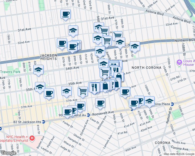 map of restaurants, bars, coffee shops, grocery stores, and more near 34-42 93rd Street in Queens