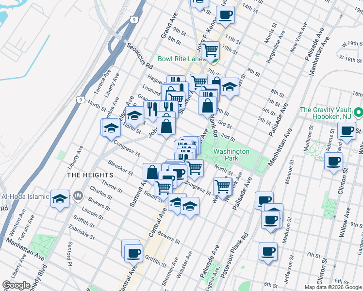 map of restaurants, bars, coffee shops, grocery stores, and more near 34 Irving Street in Jersey City