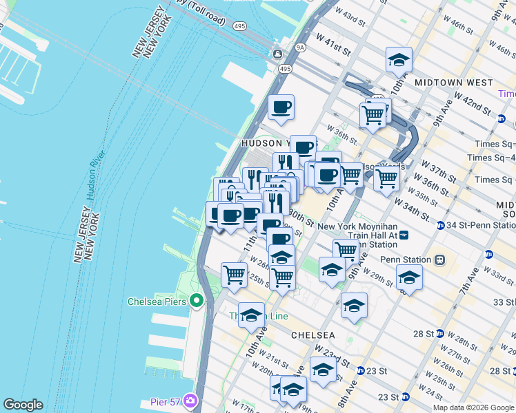 map of restaurants, bars, coffee shops, grocery stores, and more near 613 West 29th Street in New York