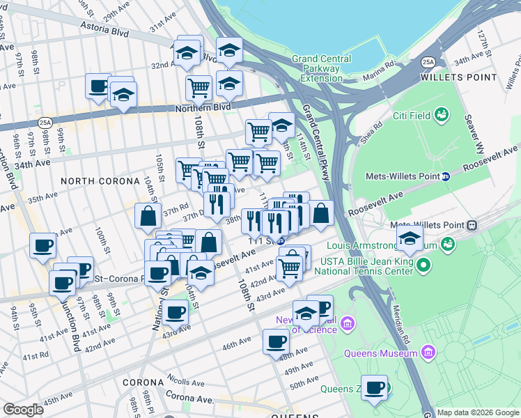 map of restaurants, bars, coffee shops, grocery stores, and more near 37-20 111th Street in Queens