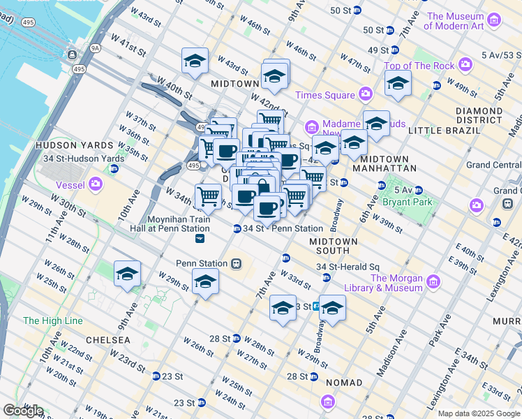 map of restaurants, bars, coffee shops, grocery stores, and more near 520 8th Avenue in New York