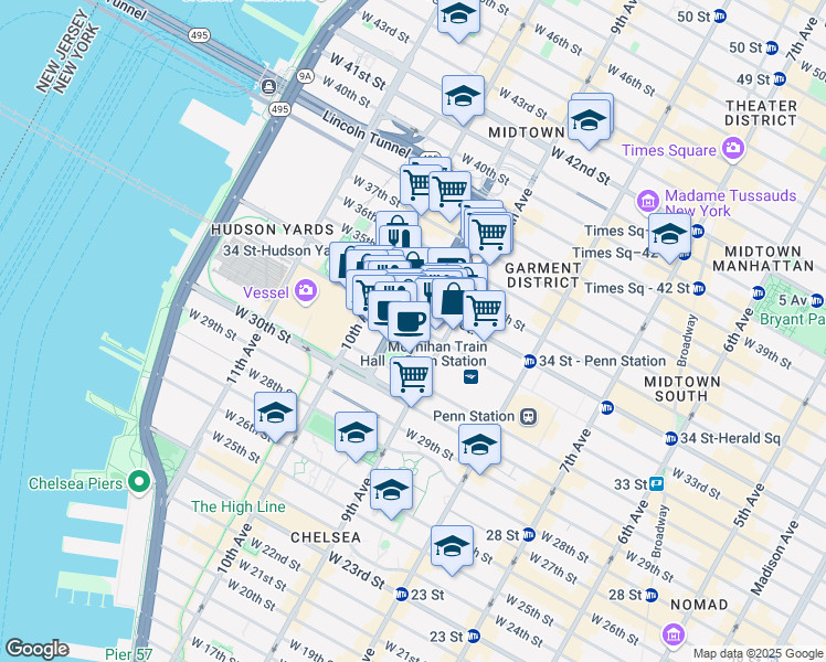 map of restaurants, bars, coffee shops, grocery stores, and more near 424 West 33rd Street in New York