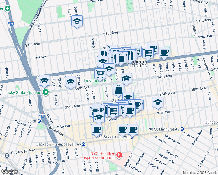 map of restaurants, bars, coffee shops, grocery stores, and more near 34-05 80th Street in Queens