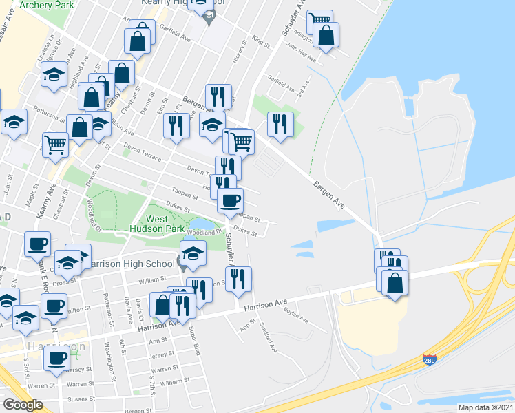 map of restaurants, bars, coffee shops, grocery stores, and more near 294 Hoyt Street in Kearny