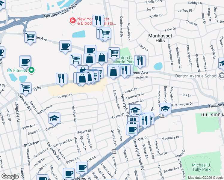 map of restaurants, bars, coffee shops, grocery stores, and more near 60 Soma Street in North New Hyde Park